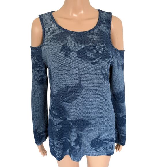 INC Tops - INC Y2K Style Boho Festival Floral Artsy Bell Sleeves Cold Shoulder Knit M Blue